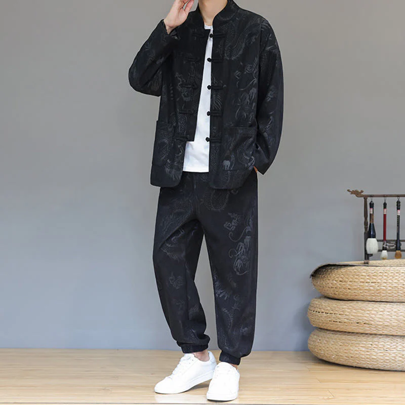 Set di 2 Buddha Stones da uomo autunno inverno con giacca e pantaloni a maniche lunghe in velluto a coste di cotone con bottoni e tasche, modello "Dragon Frog" - Image 19