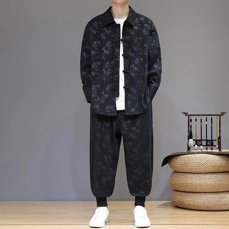 Set di 2 giacche e pantaloni a maniche lunghe in velluto a coste di cotone con bottoni a rana, da uomo, invernali, spessi, in bambù, con tasche, Buddha Stones - Image 28