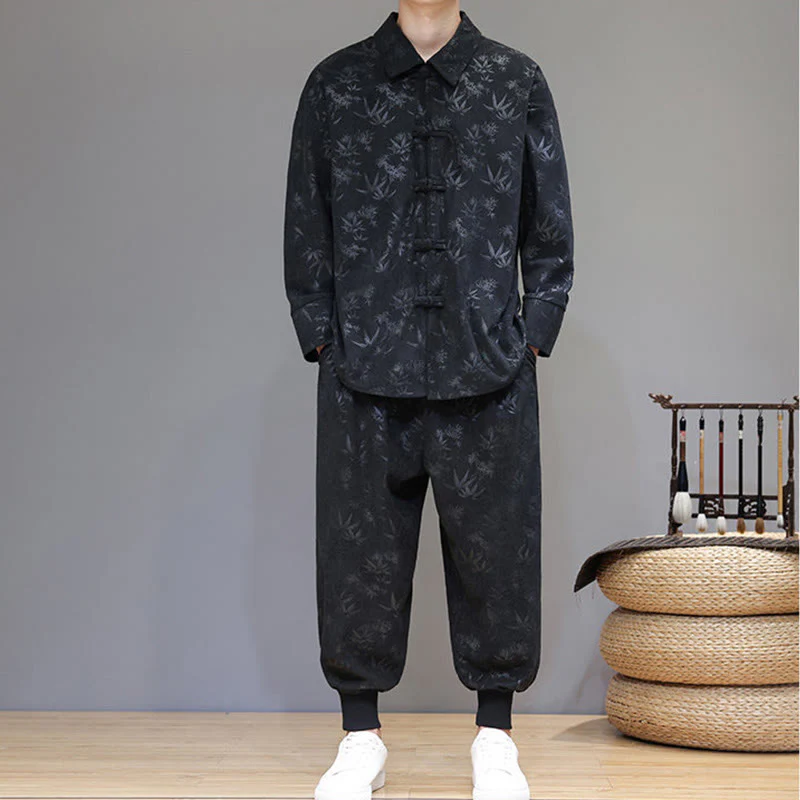 Set di 2 giacche e pantaloni a maniche lunghe in velluto a coste di cotone con bottoni a rana, da uomo, invernali, spessi, in bambù, con tasche, Buddha Stones - Image 29