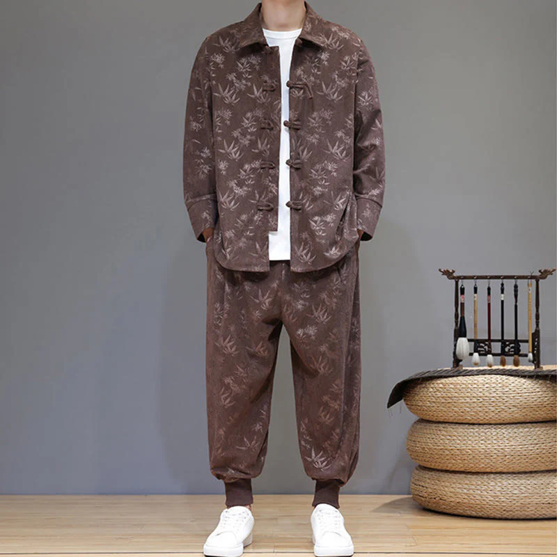 Set di 2 giacche e pantaloni a maniche lunghe in velluto a coste di cotone con bottoni a rana, da uomo, invernali, spessi, in bambù, con tasche, Buddha Stones - Image 35