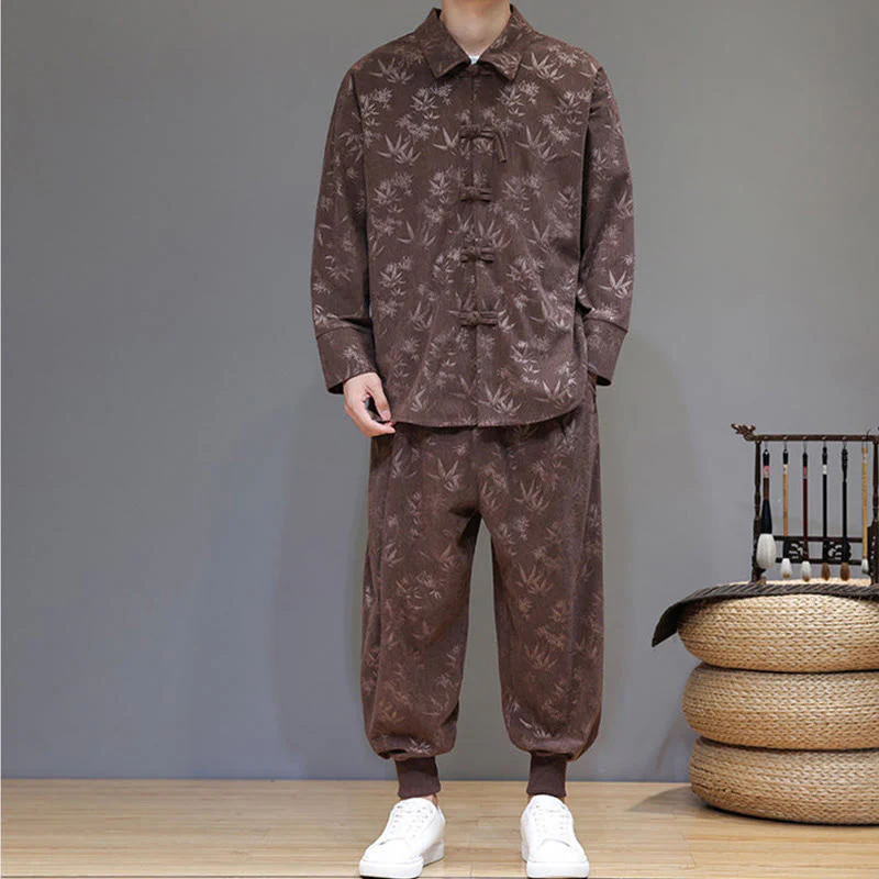 Set di 2 giacche e pantaloni a maniche lunghe in velluto a coste di cotone con bottoni a rana, da uomo, invernali, spessi, in bambù, con tasche, Buddha Stones - Image 36