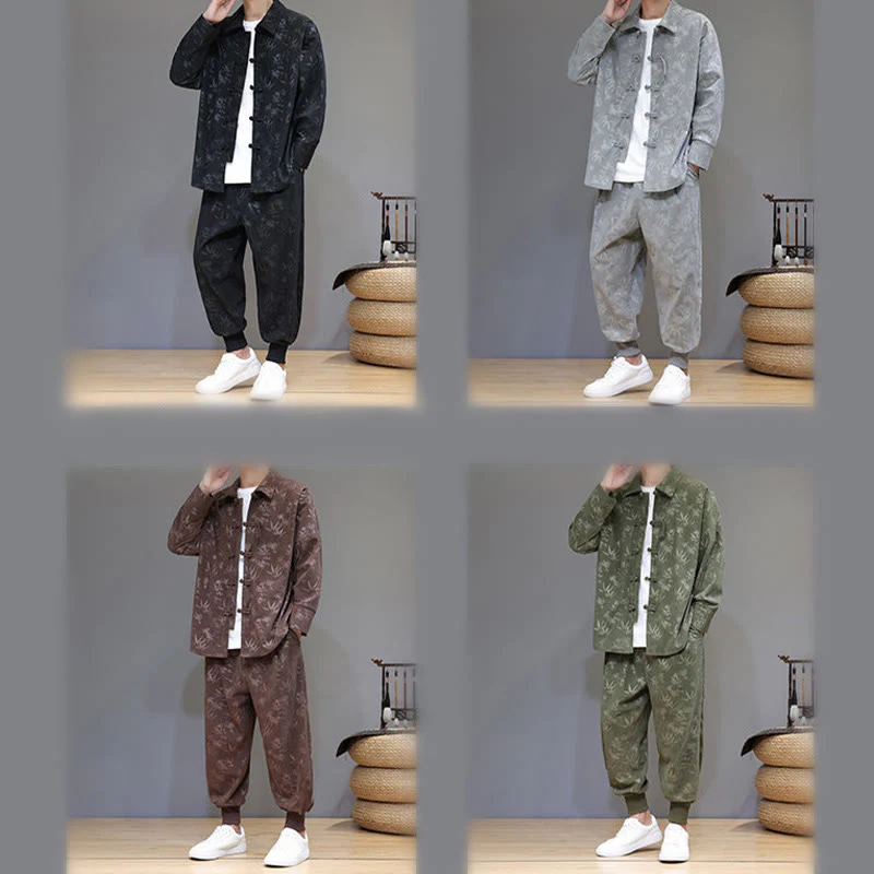 Set di 2 giacche e pantaloni a maniche lunghe in velluto a coste di cotone con bottoni a rana, da uomo, invernali, spessi, in bambù, con tasche, Buddha Stones - Image 40