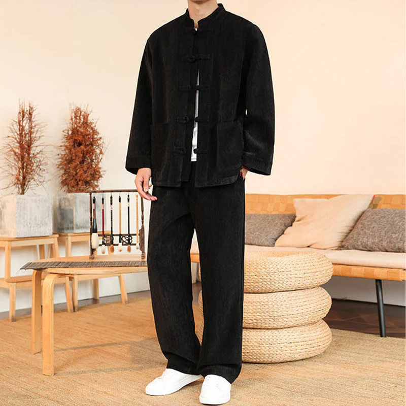 Set di 2 giacche e pantaloni invernali spessi da uomo in velluto a coste di cotone con bottoni a rana, con tasche e maniche lunghe , Buddha Stones - Image 28