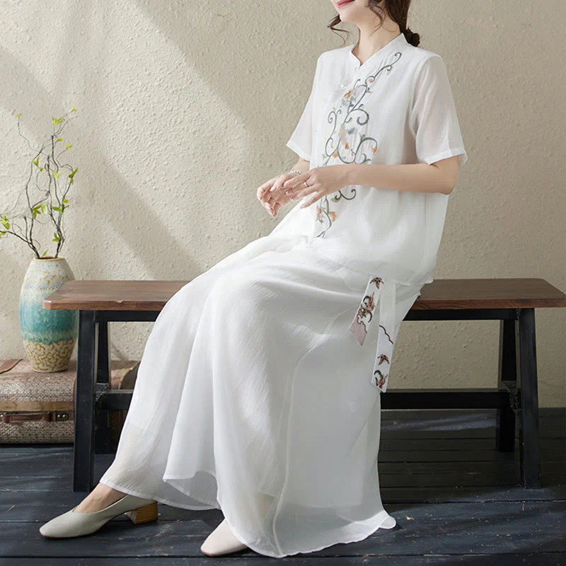 Completo da donna con 2 Buddha Stones, composto da camicia a maniche corte e pantaloni a gamba larga con ricamo floreale. - Image 15
