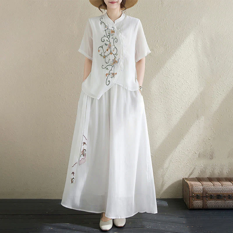 Completo da donna con 2 Buddha Stones, composto da camicia a maniche corte e pantaloni a gamba larga con ricamo floreale. - Image 16