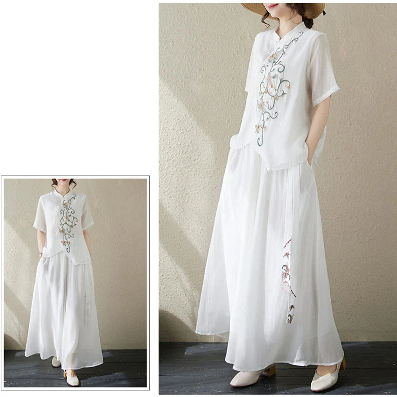 Completo da donna con 2 Buddha Stones, composto da camicia a maniche corte e pantaloni a gamba larga con ricamo floreale. - Image 17