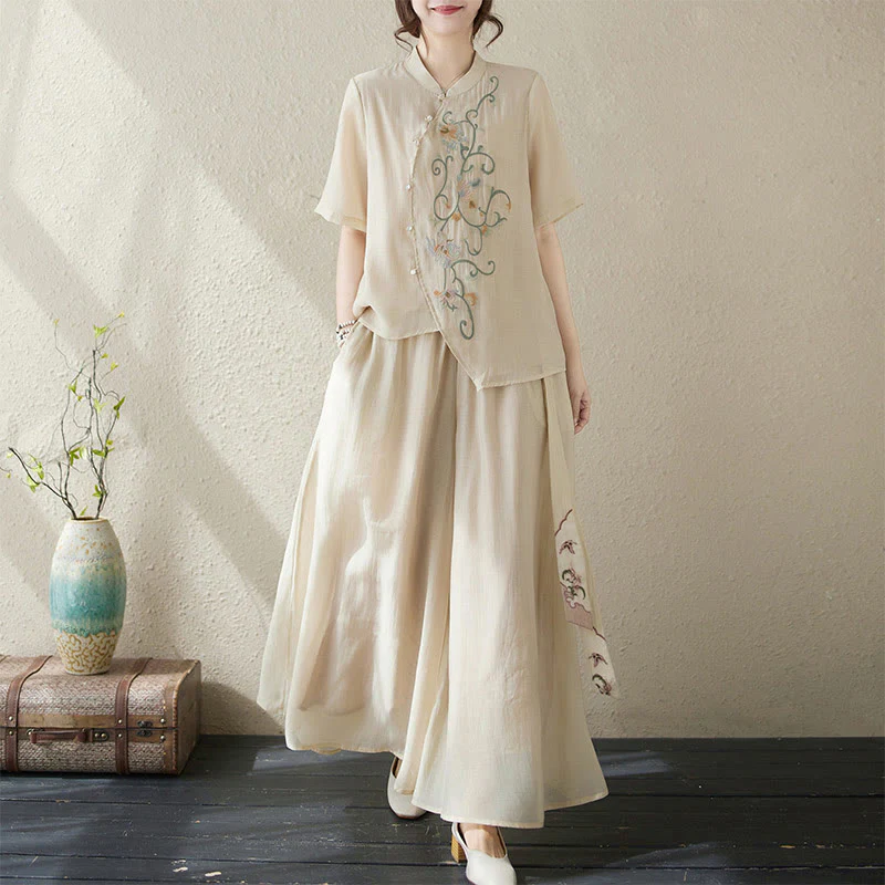 Completo da donna con 2 Buddha Stones, composto da camicia a maniche corte e pantaloni a gamba larga con ricamo floreale. - Image 2