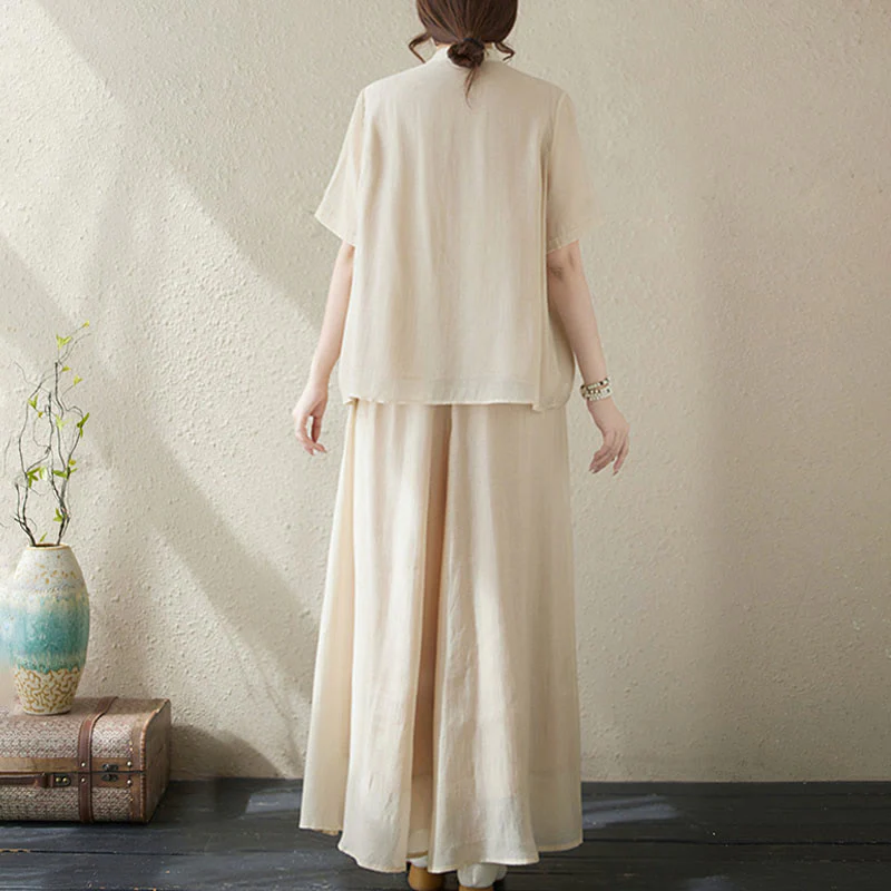 Completo da donna con 2 Buddha Stones, composto da camicia a maniche corte e pantaloni a gamba larga con ricamo floreale. - Image 3