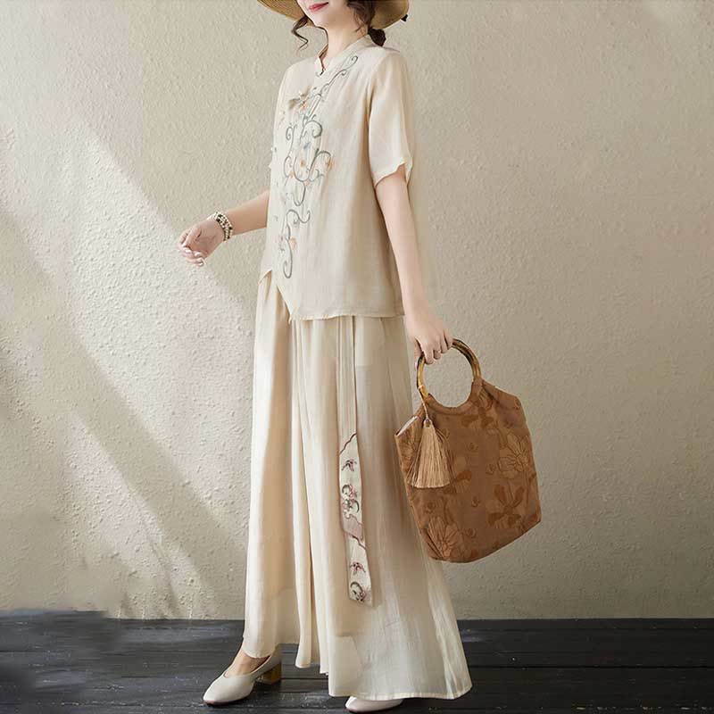 Completo da donna con 2 Buddha Stones, composto da camicia a maniche corte e pantaloni a gamba larga con ricamo floreale. - Image 4