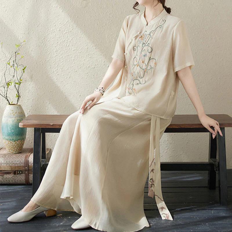 Completo da donna con 2 Buddha Stones, composto da camicia a maniche corte e pantaloni a gamba larga con ricamo floreale. - Image 5