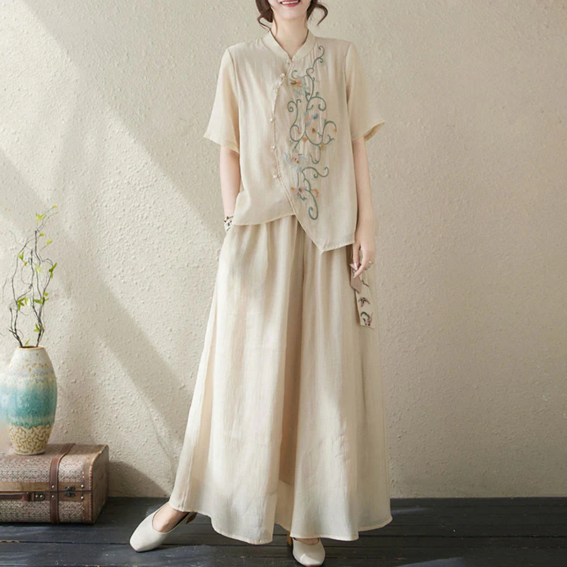 Completo da donna con 2 Buddha Stones, composto da camicia a maniche corte e pantaloni a gamba larga con ricamo floreale. - Image 7