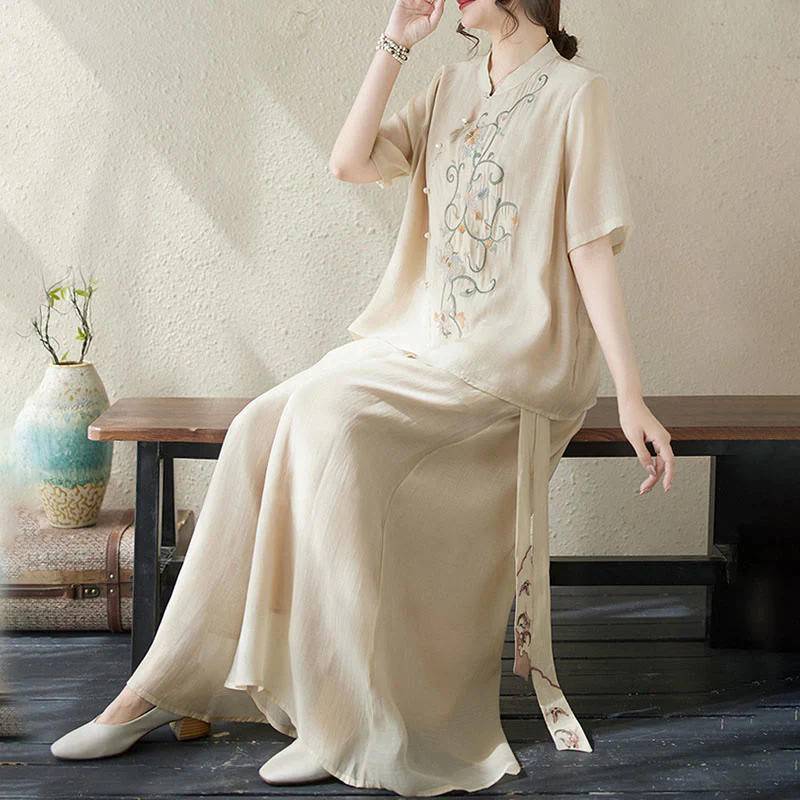 Completo da donna con 2 Buddha Stones, composto da camicia a maniche corte e pantaloni a gamba larga con ricamo floreale. - Image 8