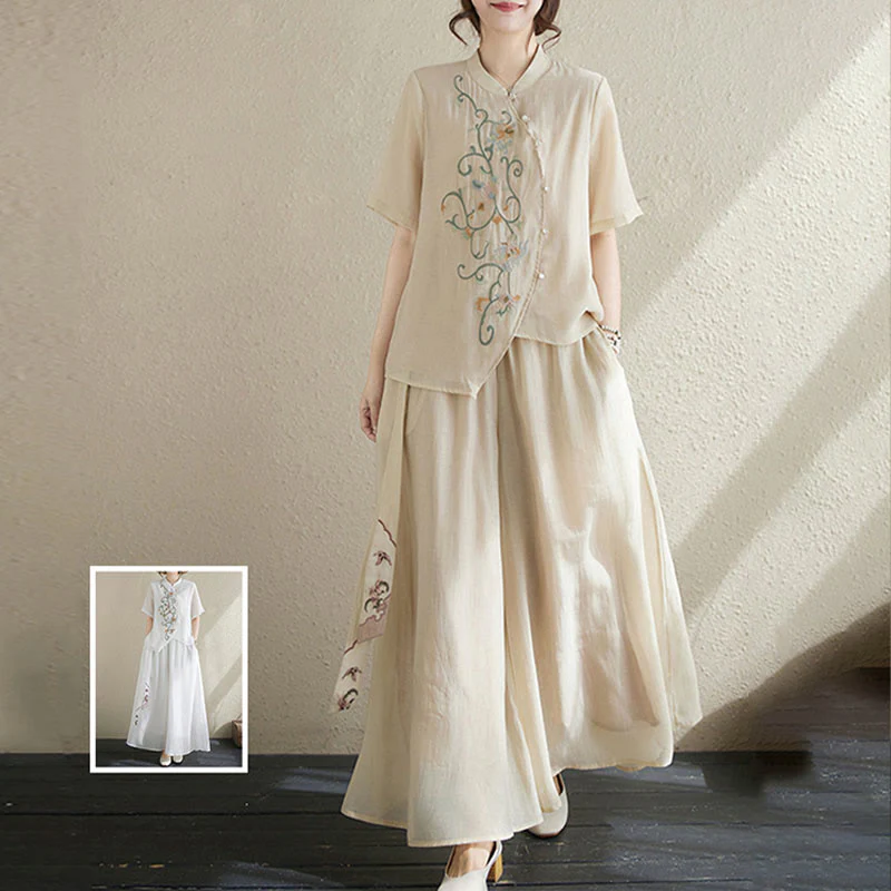 Completo da donna con 2 Buddha Stones, composto da camicia a maniche corte e pantaloni a gamba larga con ricamo floreale. - Image 9