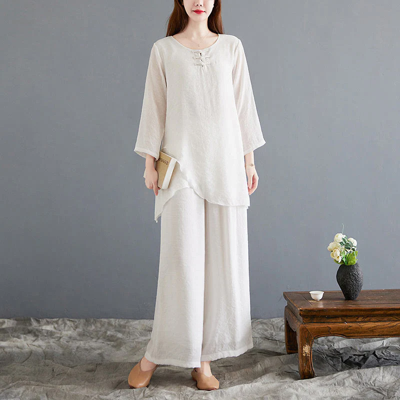 Set di 2 pezzi Buddha Stones, beige, con bottoni cinesi a forma di rana, camicia a maniche lunghe, pantaloni, meditazione, zen, Tai Chi, abbigliamento in cotone e lino, da donna