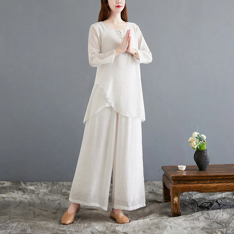 Set di 2 pezzi Buddha Stones, beige, con bottoni cinesi a forma di rana, camicia a maniche lunghe, pantaloni, meditazione, zen, Tai Chi, abbigliamento in cotone e lino, da donna - Image 2