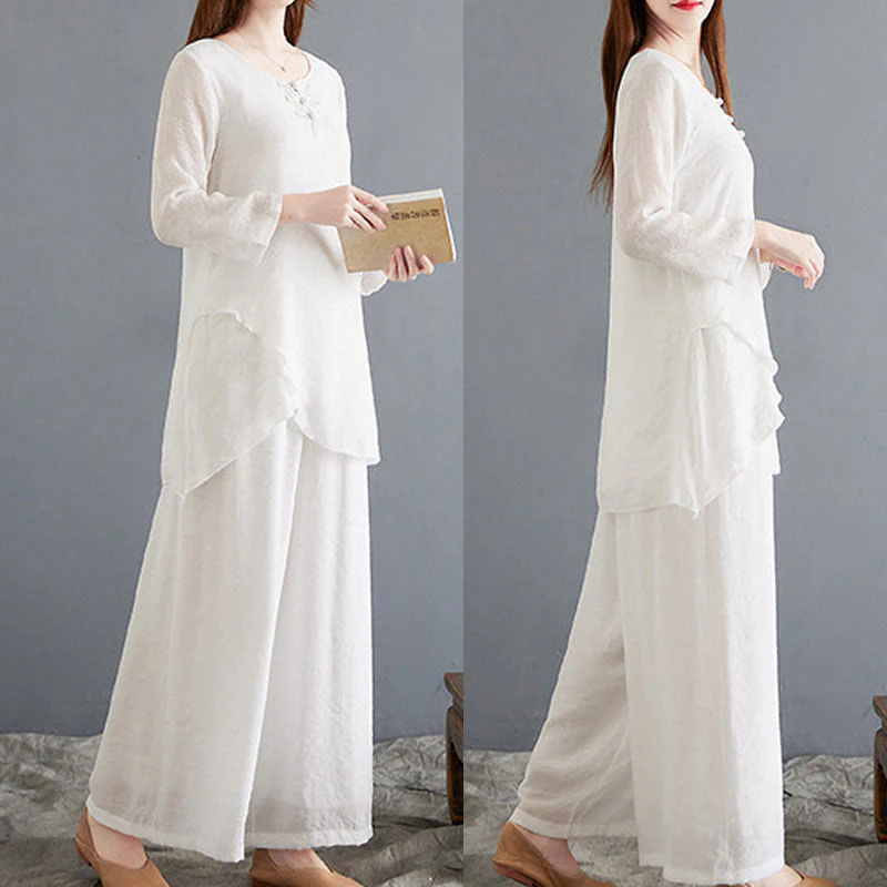Set di 2 pezzi Buddha Stones, beige, con bottoni cinesi a forma di rana, camicia a maniche lunghe, pantaloni, meditazione, zen, Tai Chi, abbigliamento in cotone e lino, da donna - Image 20