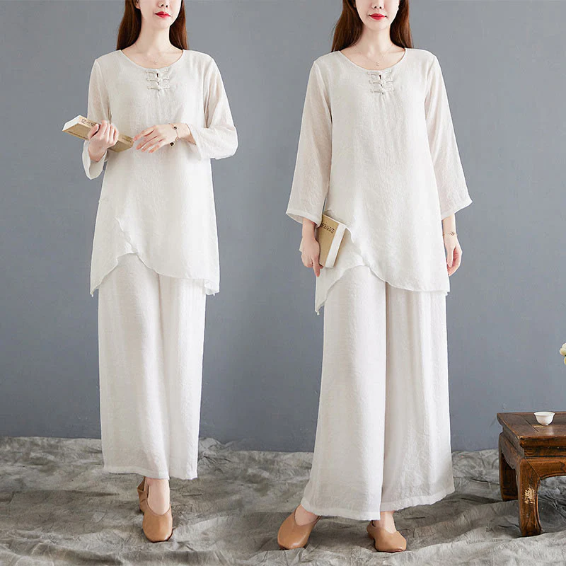 Set di 2 pezzi Buddha Stones, beige, con bottoni cinesi a forma di rana, camicia a maniche lunghe, pantaloni, meditazione, zen, Tai Chi, abbigliamento in cotone e lino, da donna - Image 21