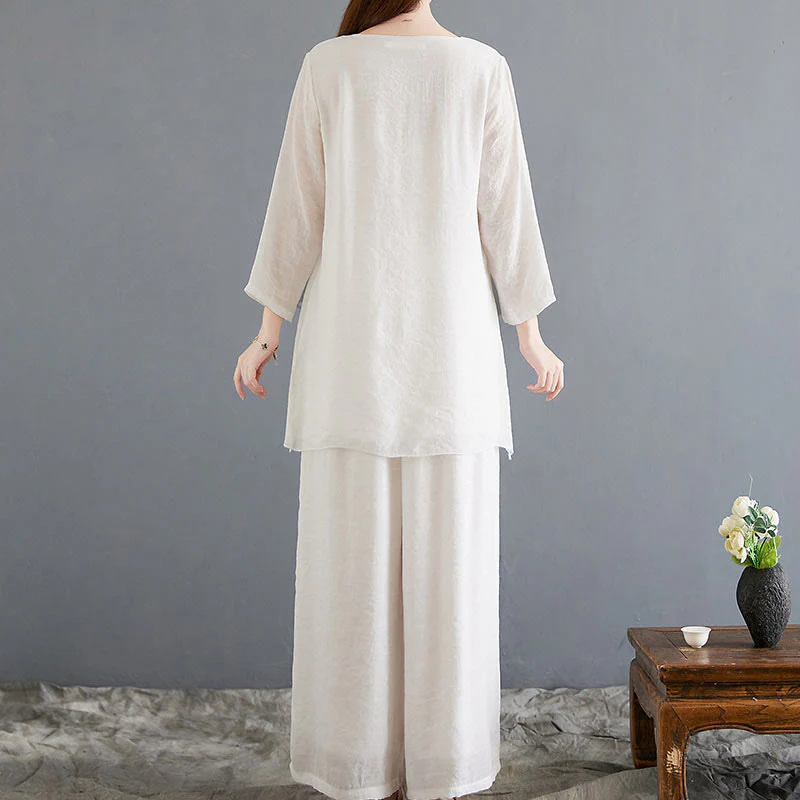 Set di 2 pezzi Buddha Stones, beige, con bottoni cinesi a forma di rana, camicia a maniche lunghe, pantaloni, meditazione, zen, Tai Chi, abbigliamento in cotone e lino, da donna - Image 3