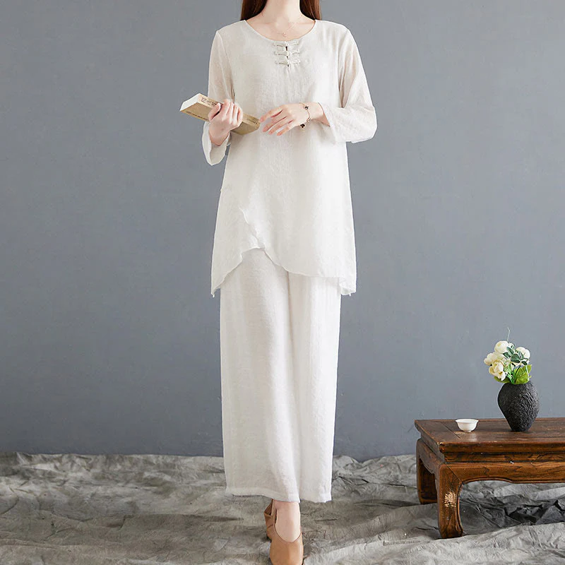 Set di 2 pezzi Buddha Stones, beige, con bottoni cinesi a forma di rana, camicia a maniche lunghe, pantaloni, meditazione, zen, Tai Chi, abbigliamento in cotone e lino, da donna - Image 4