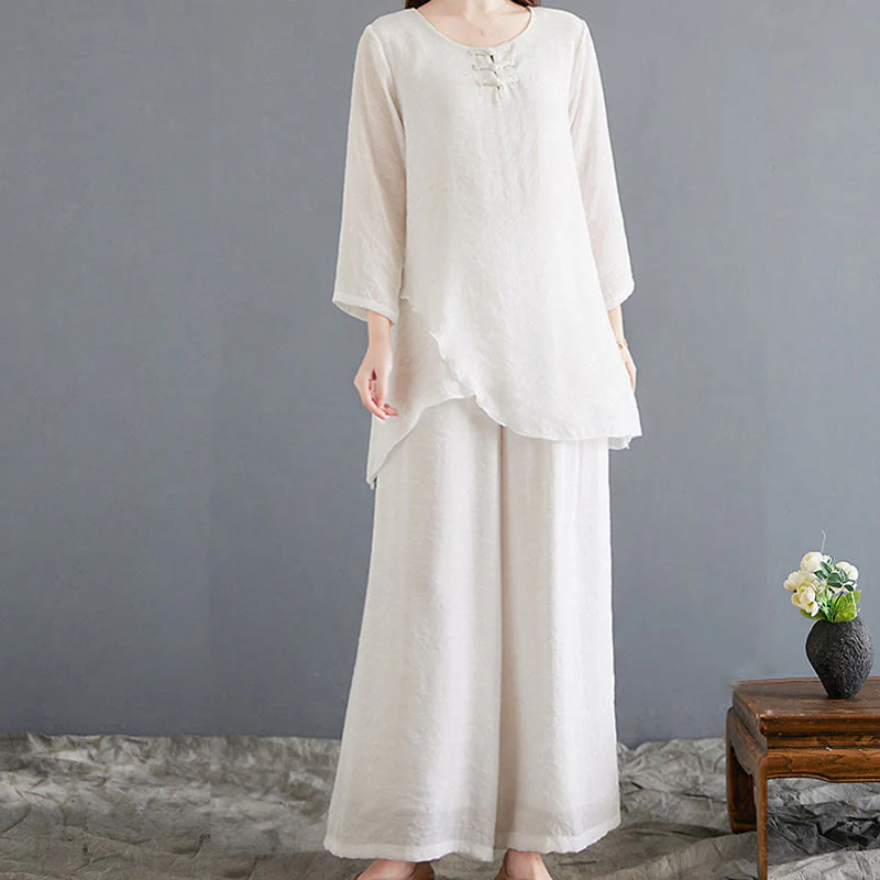 Set di 2 pezzi Buddha Stones, beige, con bottoni cinesi a forma di rana, camicia a maniche lunghe, pantaloni, meditazione, zen, Tai Chi, abbigliamento in cotone e lino, da donna - Image 5