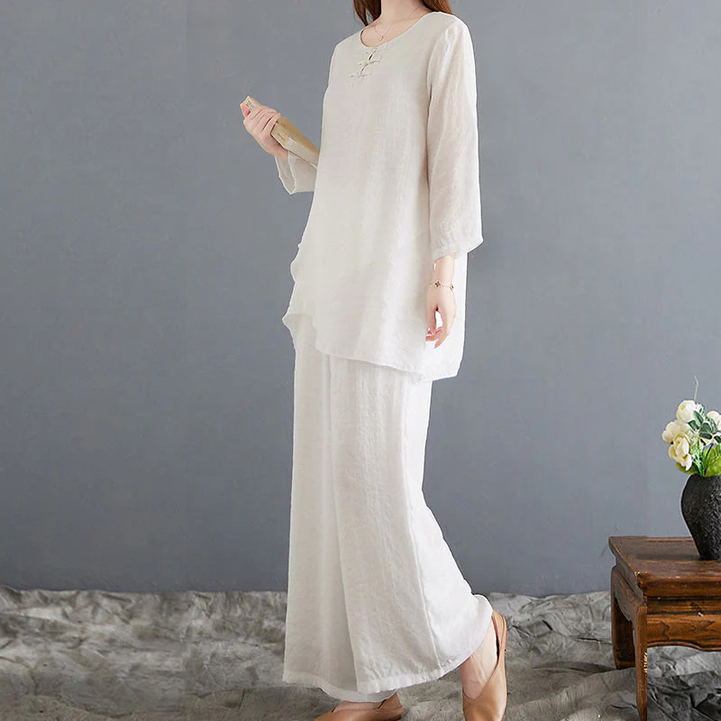 Set di 2 pezzi Buddha Stones, beige, con bottoni cinesi a forma di rana, camicia a maniche lunghe, pantaloni, meditazione, zen, Tai Chi, abbigliamento in cotone e lino, da donna - Image 6