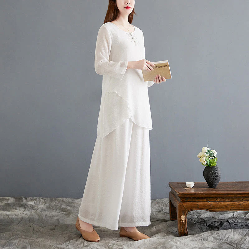 Set di 2 pezzi Buddha Stones, beige, con bottoni cinesi a forma di rana, camicia a maniche lunghe, pantaloni, meditazione, zen, Tai Chi, abbigliamento in cotone e lino, da donna - Image 7