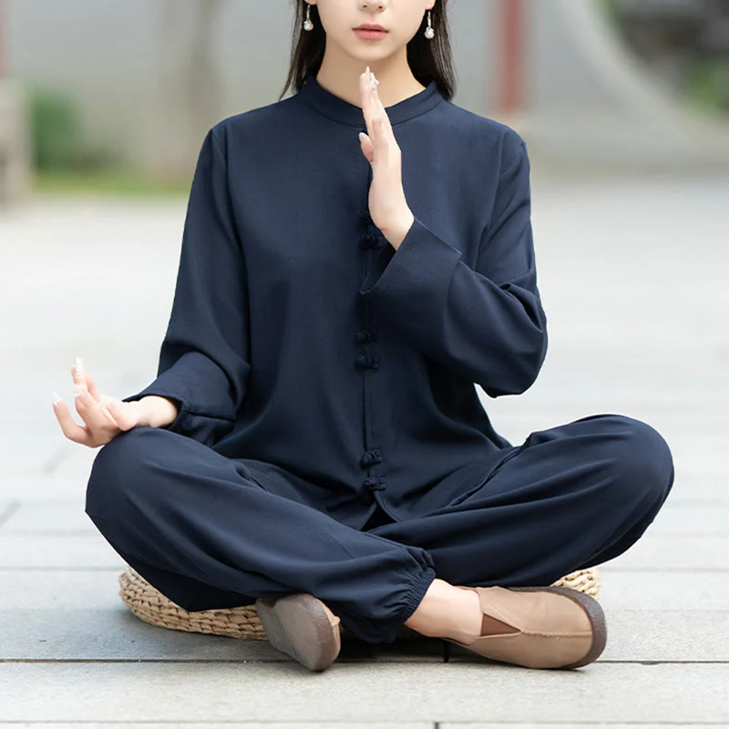 Set di 2 pezzi Buddha Stones , camicia a maniche lunghe con bottoni cinesi, pantaloni, meditazione, Zen, Tai Chi, abbigliamento in cotone da donna