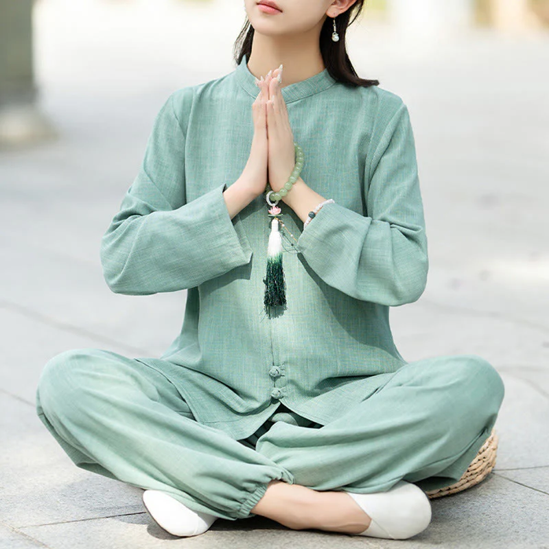 Set di 2 pezzi Buddha Stones , camicia a maniche lunghe con bottoni cinesi, pantaloni, meditazione, Zen, Tai Chi, abbigliamento in cotone da donna - Image 10