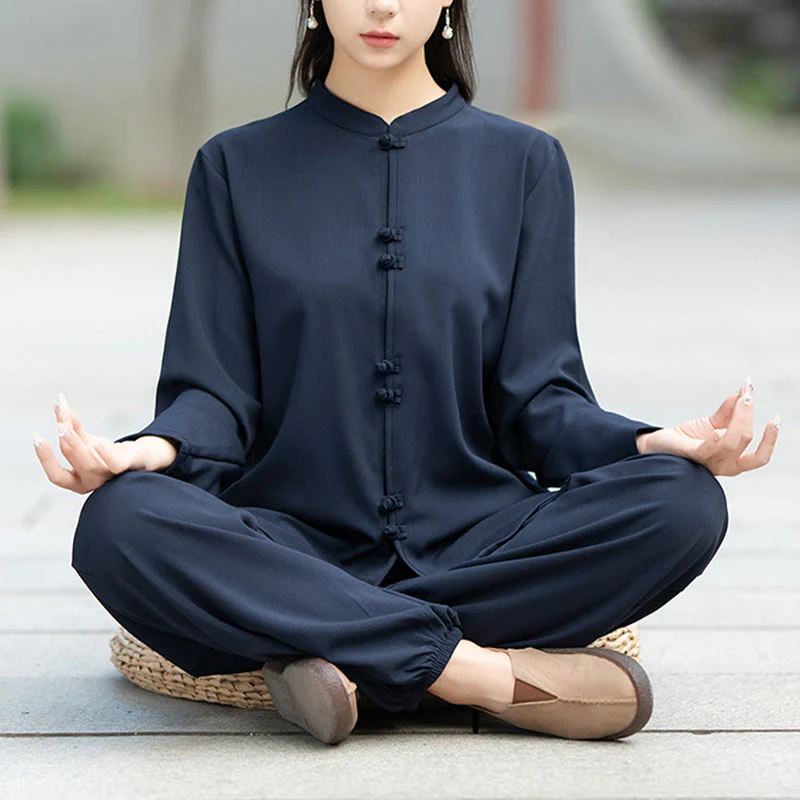 Set di 2 pezzi Buddha Stones , camicia a maniche lunghe con bottoni cinesi, pantaloni, meditazione, Zen, Tai Chi, abbigliamento in cotone da donna - Image 3