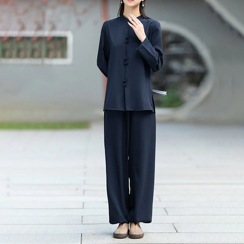 Set di 2 pezzi Buddha Stones , camicia a maniche lunghe con bottoni cinesi, pantaloni, meditazione, Zen, Tai Chi, abbigliamento in cotone da donna - Image 4