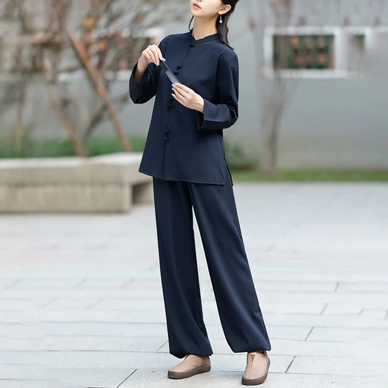 Set di 2 pezzi Buddha Stones , camicia a maniche lunghe con bottoni cinesi, pantaloni, meditazione, Zen, Tai Chi, abbigliamento in cotone da donna - Image 5