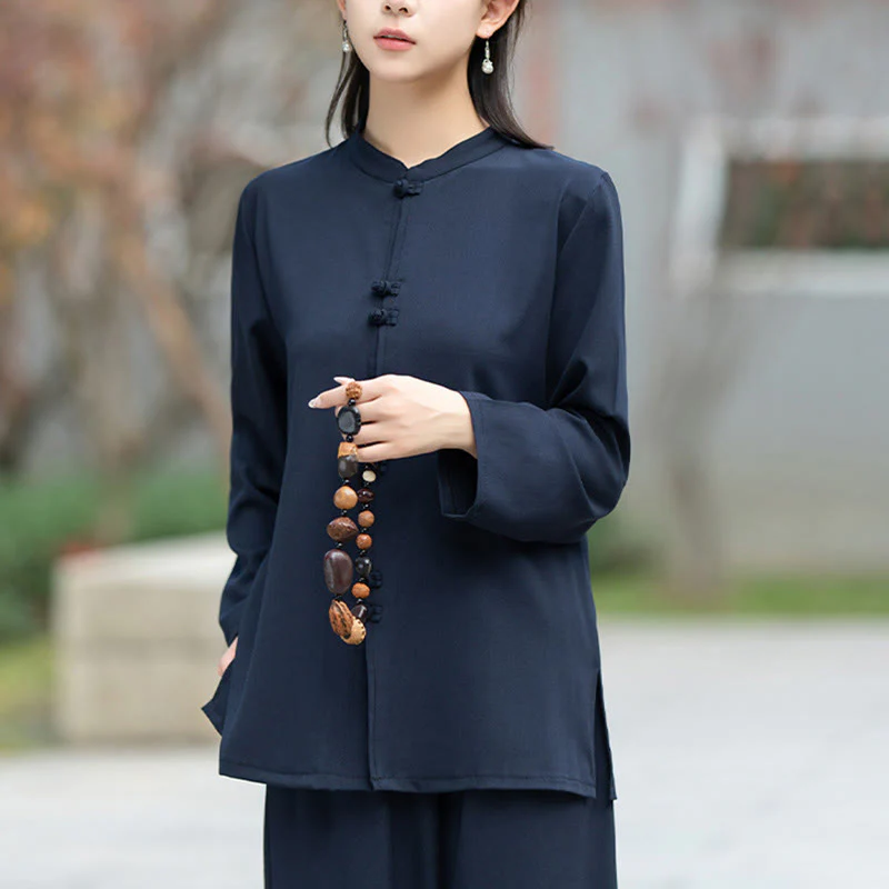 Set di 2 pezzi Buddha Stones , camicia a maniche lunghe con bottoni cinesi, pantaloni, meditazione, Zen, Tai Chi, abbigliamento in cotone da donna - Image 6