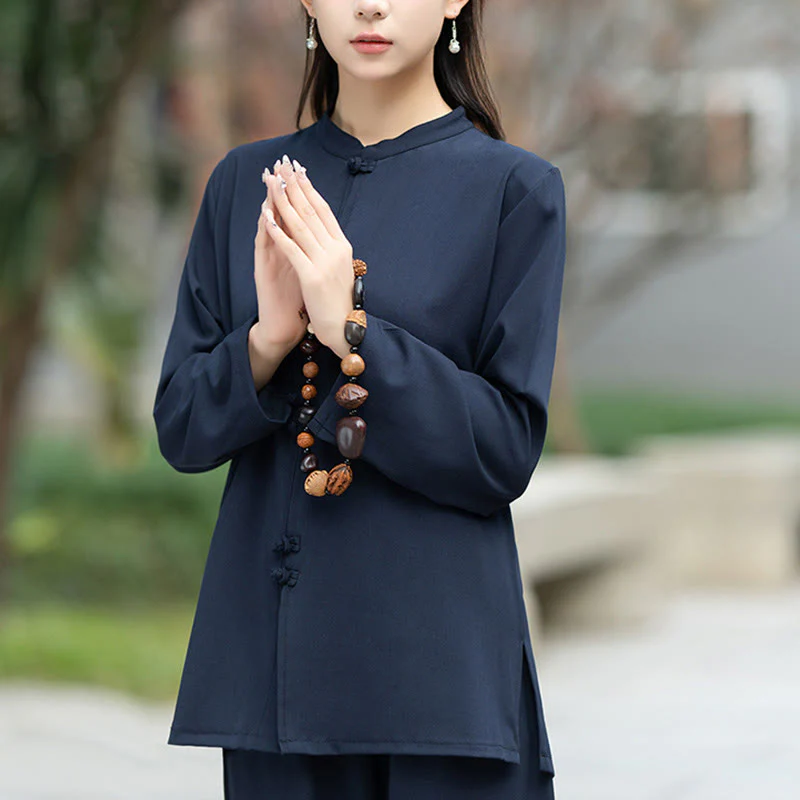 Set di 2 pezzi Buddha Stones , camicia a maniche lunghe con bottoni cinesi, pantaloni, meditazione, Zen, Tai Chi, abbigliamento in cotone da donna - Image 7