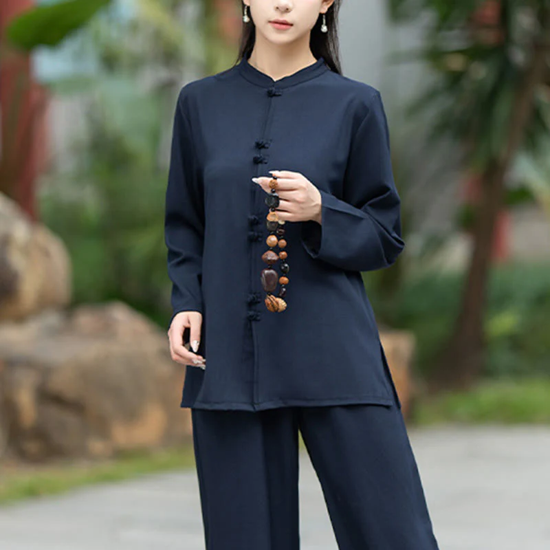 Set di 2 pezzi Buddha Stones , camicia a maniche lunghe con bottoni cinesi, pantaloni, meditazione, Zen, Tai Chi, abbigliamento in cotone da donna - Image 8