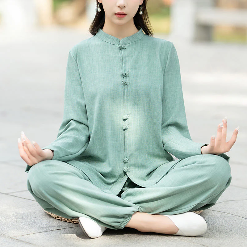 Set di 2 pezzi Buddha Stones , camicia a maniche lunghe con bottoni cinesi, pantaloni, meditazione, Zen, Tai Chi, abbigliamento in cotone da donna - Image 9