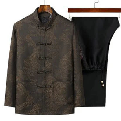 Set di 2 pezzi Buddha Stones , completo da uomo con camicia a maniche lunghe, pantaloni e bottoni a rana, in cotone