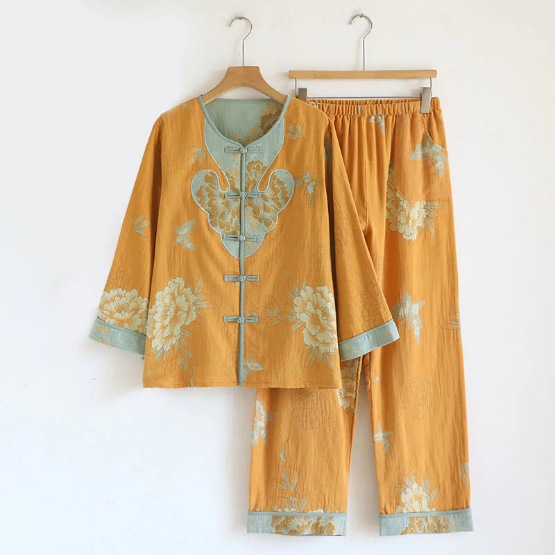 Completo da 2 pezzi con stampa Buddha Stones , composto da camicia a maniche lunghe e pantaloni con tasche, in cotone e bottoni a forma di rana.