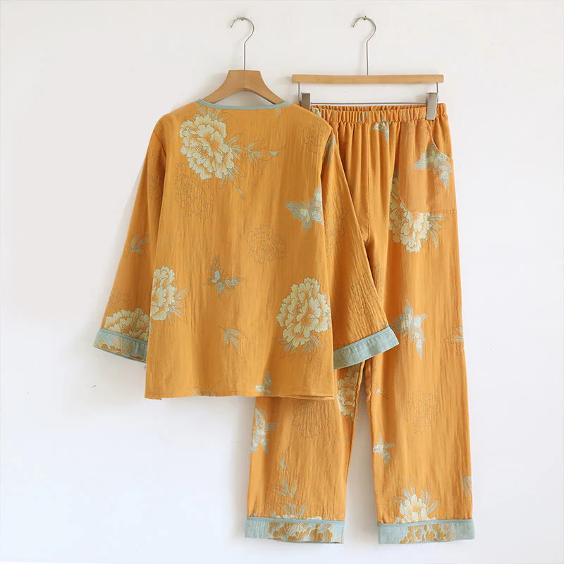Completo da 2 pezzi con stampa Buddha Stones , composto da camicia a maniche lunghe e pantaloni con tasche, in cotone e bottoni a forma di rana. - Image 2