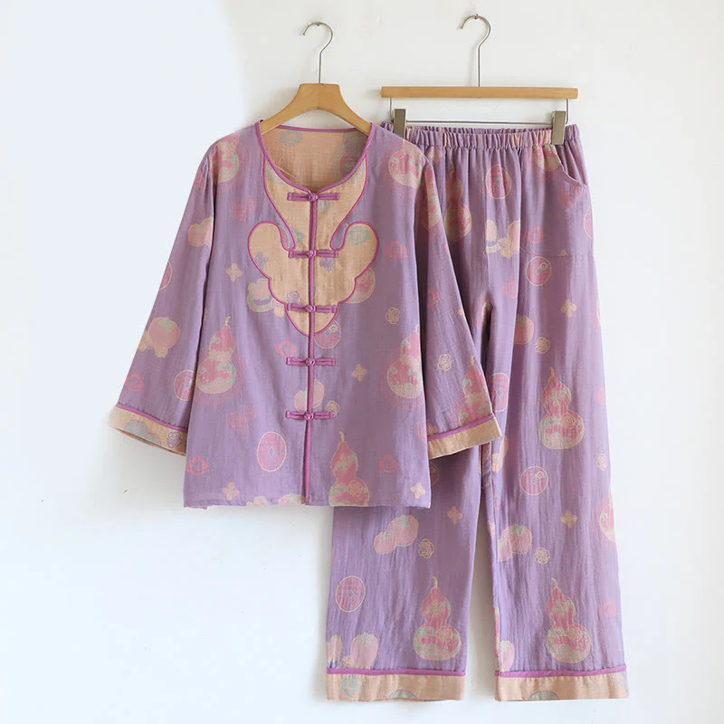 Completo da 2 pezzi con stampa Buddha Stones , composto da camicia a maniche lunghe e pantaloni con tasche, in cotone e bottoni a forma di rana. - Image 20