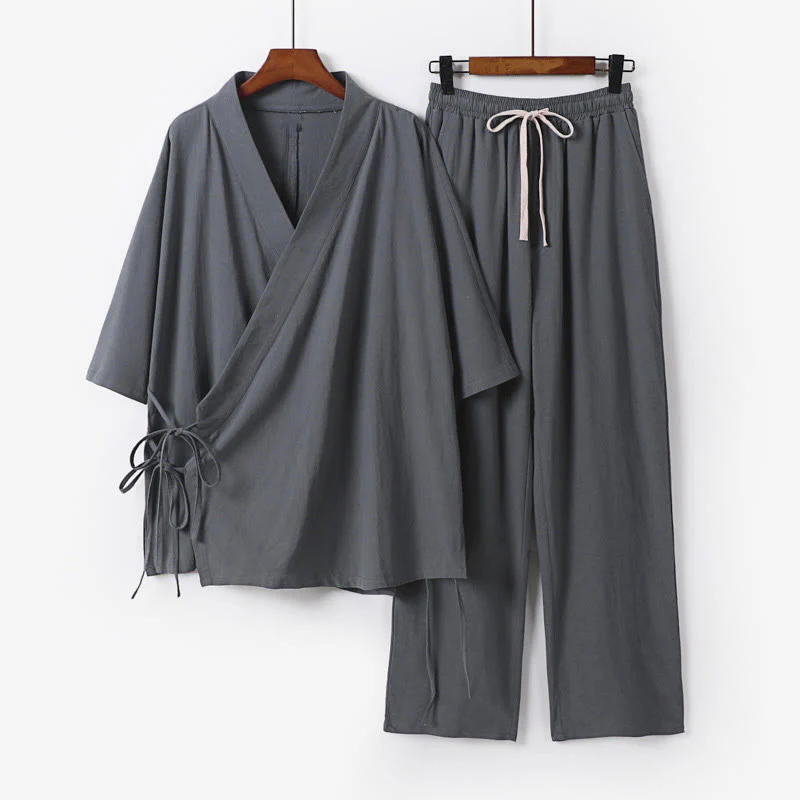 Set di 2 pezzi Buddha Stones, kimono in cotone con coulisse, pantaloni con tasche e maniche a tre quarti, per meditazione da uomo