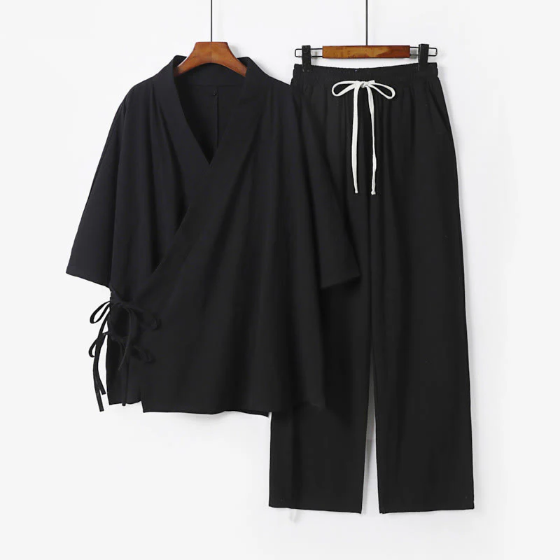 Set di 2 pezzi Buddha Stones, kimono in cotone con coulisse, pantaloni con tasche e maniche a tre quarti, per meditazione da uomo - Image 5