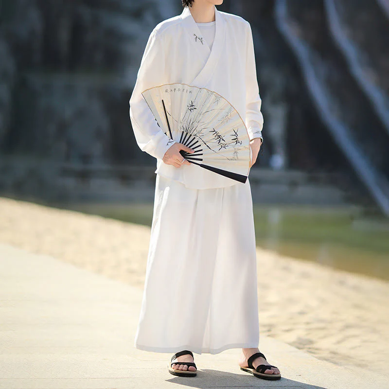 Set di 2 pezzi Buddha Stones, kimono in cotone con lacci e ricamo in bambù, pantaloni alla caviglia con tasche, set di stoffa per meditazione da uomo - Image 11