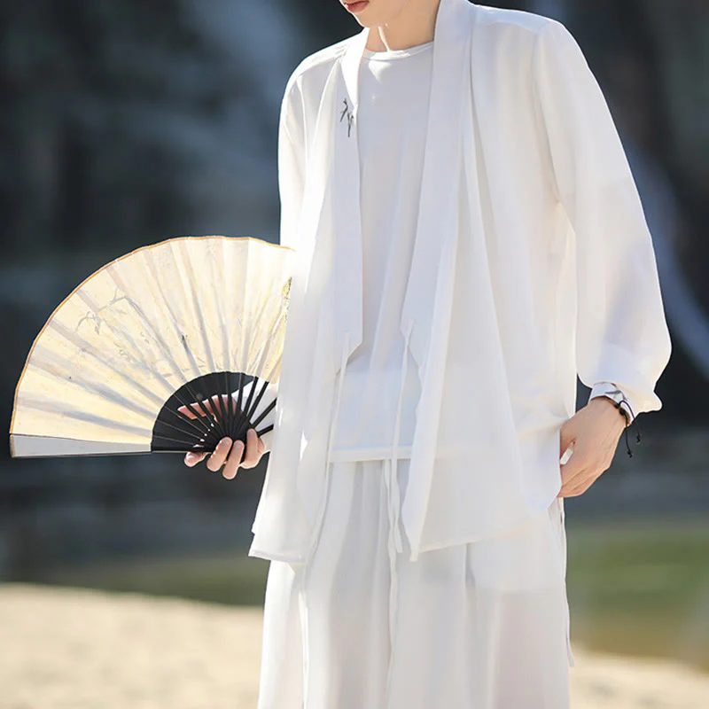 Set di 2 pezzi Buddha Stones, kimono in cotone con lacci e ricamo in bambù, pantaloni alla caviglia con tasche, set di stoffa per meditazione da uomo - Image 14