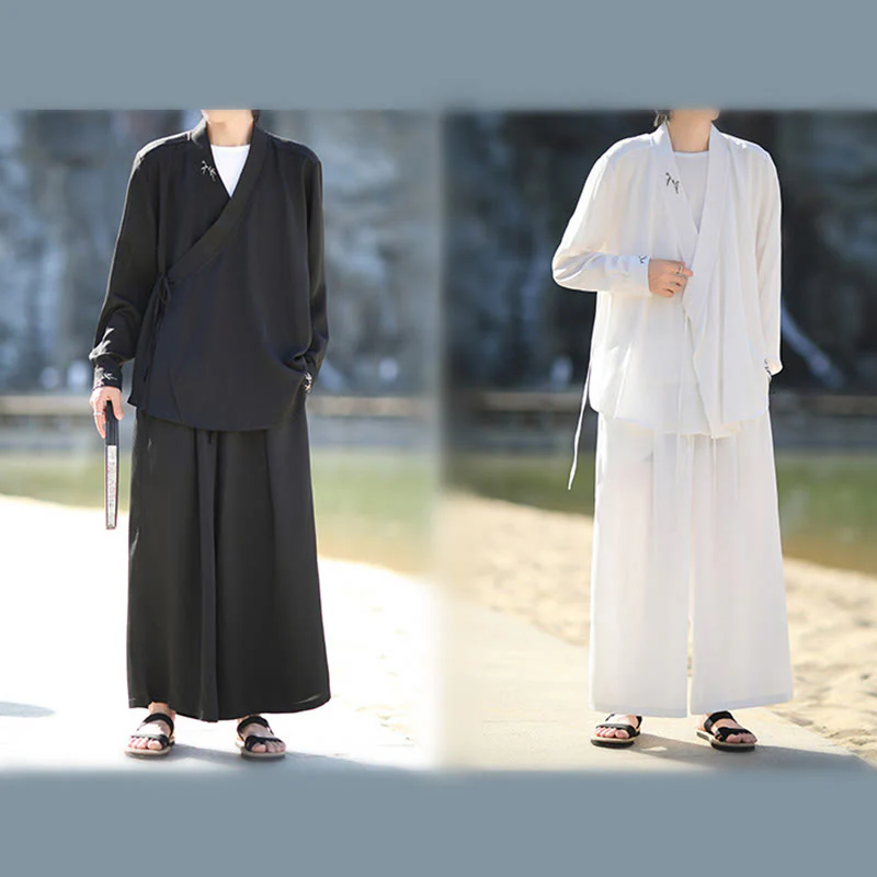 Set di 2 pezzi Buddha Stones, kimono in cotone con lacci e ricamo in bambù, pantaloni alla caviglia con tasche, set di stoffa per meditazione da uomo - Image 20