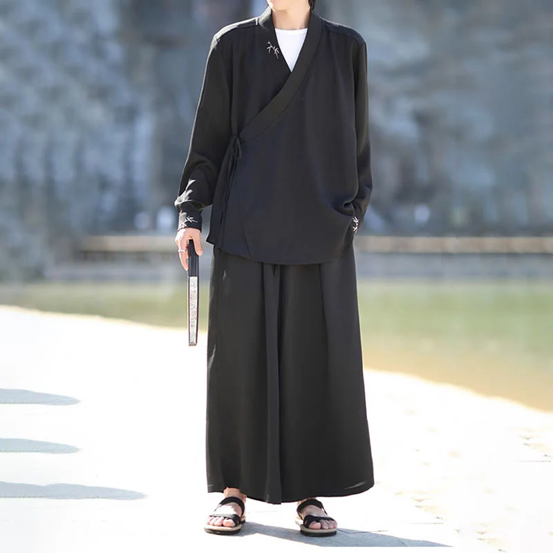Set di 2 pezzi Buddha Stones, kimono in cotone con lacci e ricamo in bambù, pantaloni alla caviglia con tasche, set di stoffa per meditazione da uomo - Image 3
