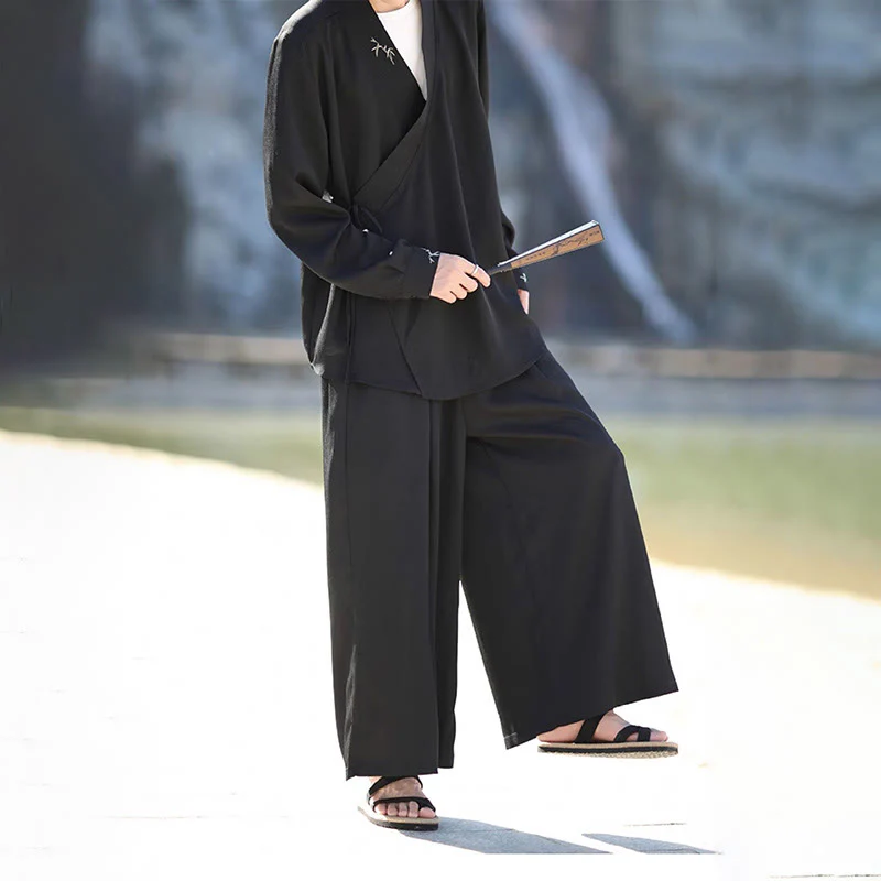 Set di 2 pezzi Buddha Stones, kimono in cotone con lacci e ricamo in bambù, pantaloni alla caviglia con tasche, set di stoffa per meditazione da uomo - Image 4