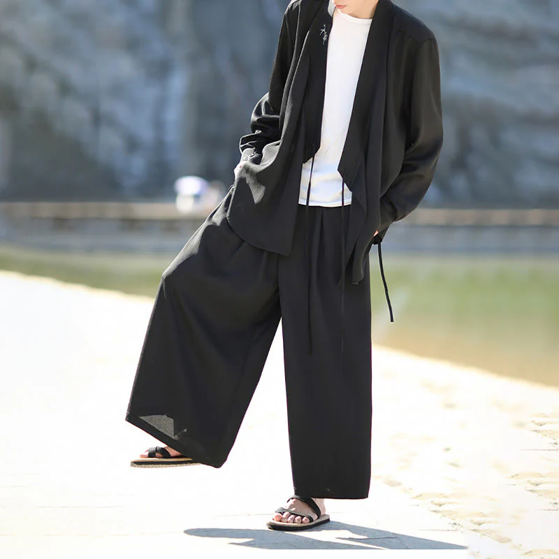 Set di 2 pezzi Buddha Stones, kimono in cotone con lacci e ricamo in bambù, pantaloni alla caviglia con tasche, set di stoffa per meditazione da uomo - Image 5