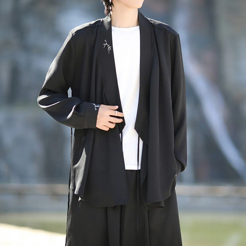 Set di 2 pezzi Buddha Stones, kimono in cotone con lacci e ricamo in bambù, pantaloni alla caviglia con tasche, set di stoffa per meditazione da uomo - Image 7