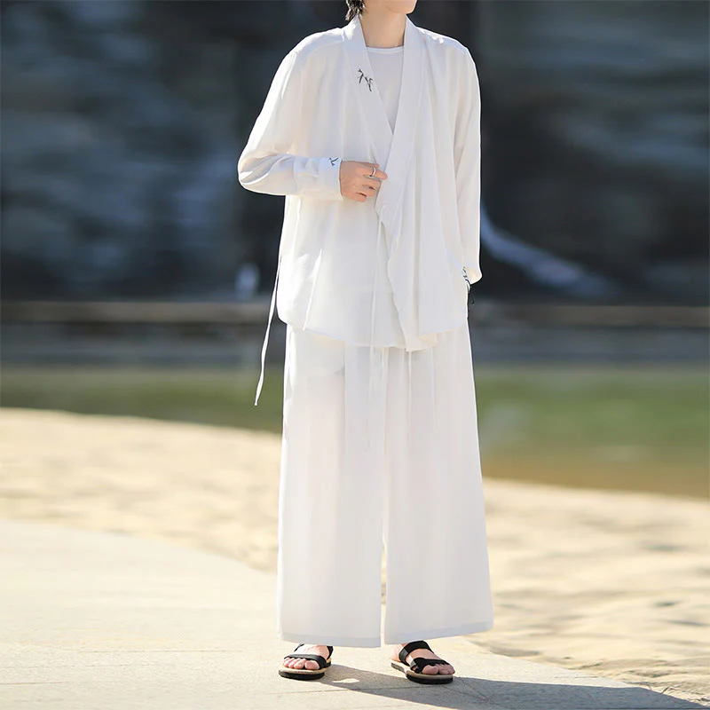 Set di 2 pezzi Buddha Stones, kimono in cotone con lacci e ricamo in bambù, pantaloni alla caviglia con tasche, set di stoffa per meditazione da uomo - Image 8