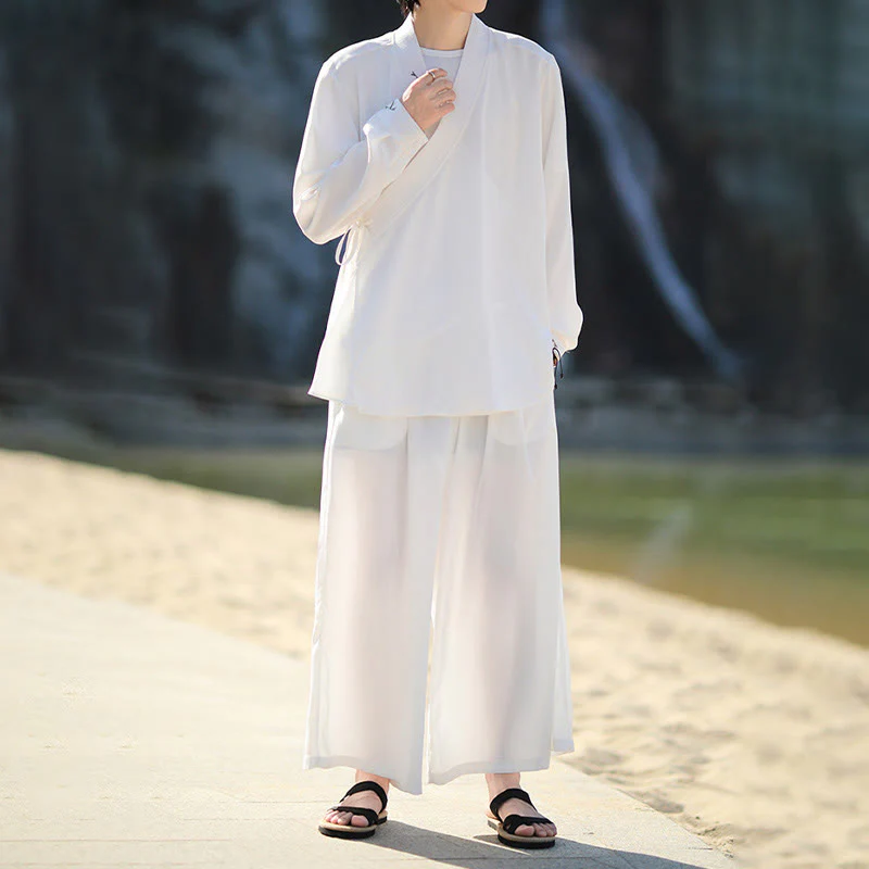 Set di 2 pezzi Buddha Stones, kimono in cotone con lacci e ricamo in bambù, pantaloni alla caviglia con tasche, set di stoffa per meditazione da uomo - Image 9